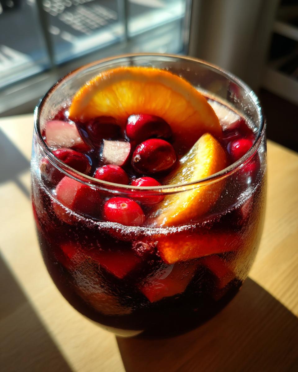 A glass filled with rich red holiday sangria, garnished with orange slices, whole cranberries, and fruit chunks.