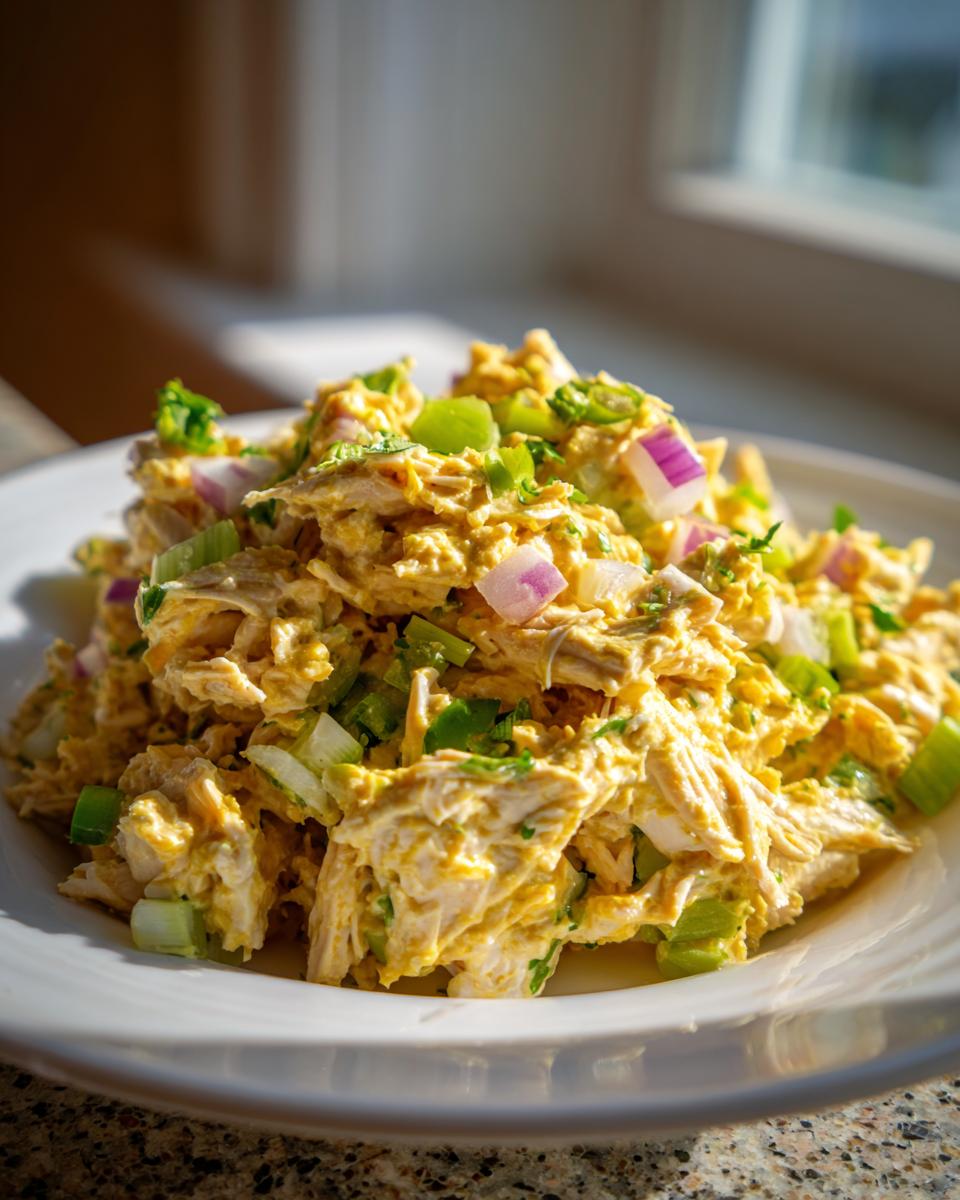 A close-up of creamy, shredded honey mustard chicken salad topped with diced red onion and celery.