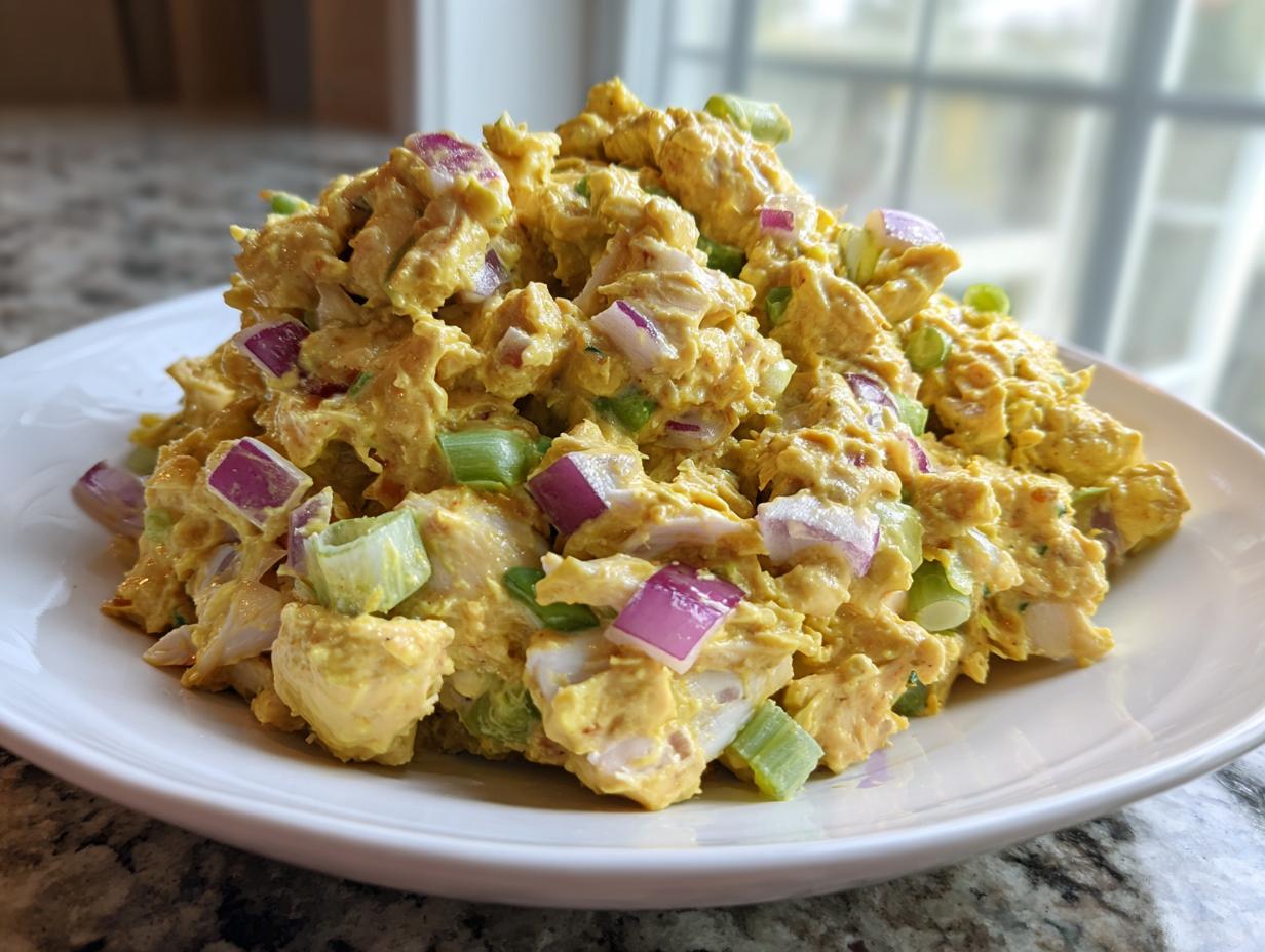 A mound of vibrant yellow honey mustard chicken salad mixed with chunks of red onion and celery on a white plate.
