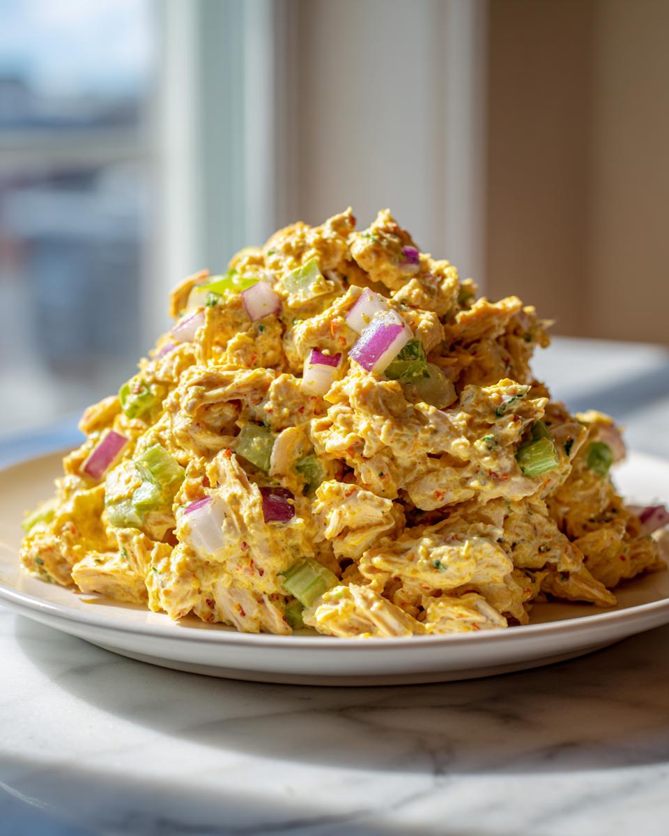 A tall mound of bright yellow honey mustard chicken salad mixed with celery and red onion on a white plate.