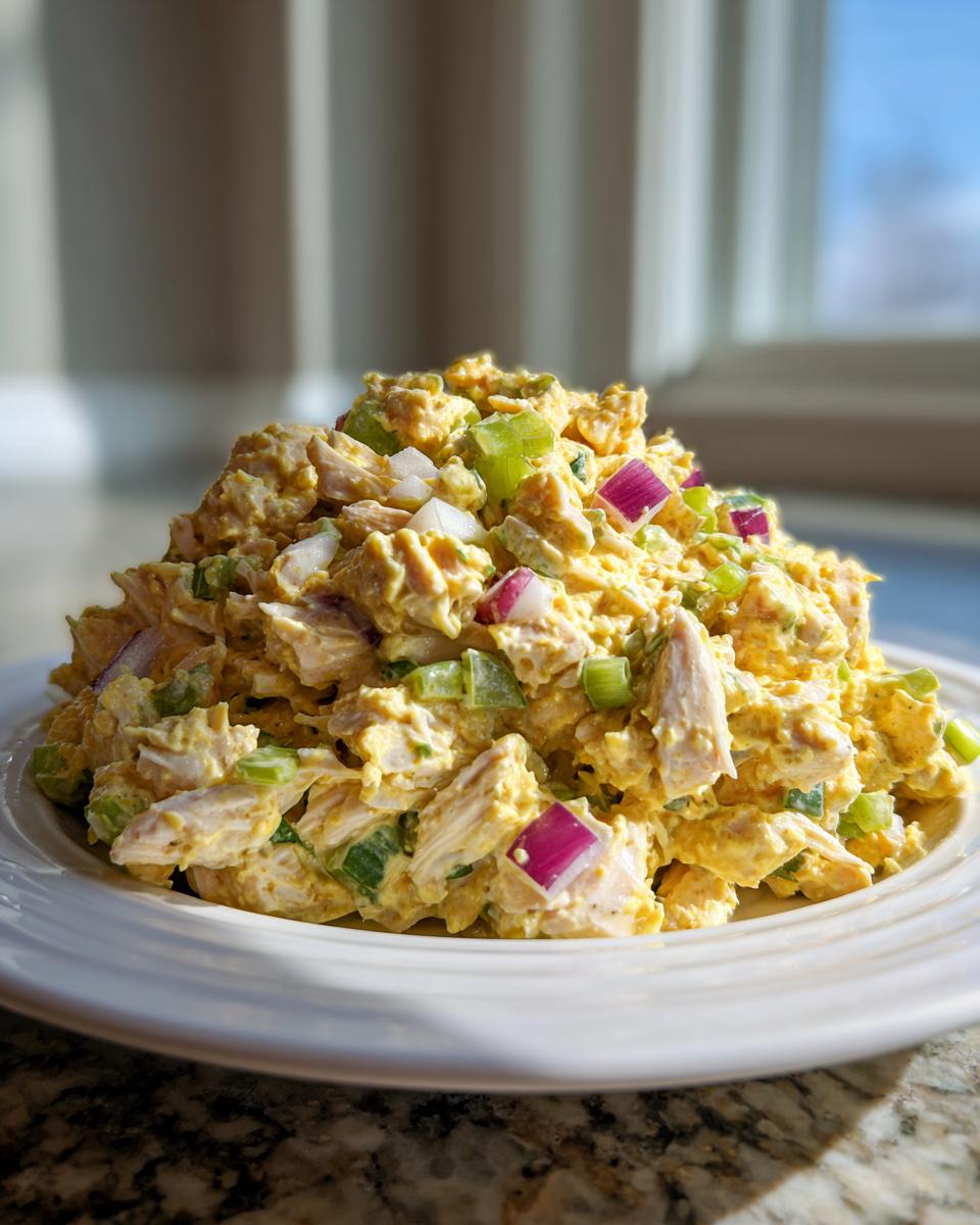 A generous serving of vibrant honey mustard chicken salad with visible chunks of chicken, celery, and red onion.
