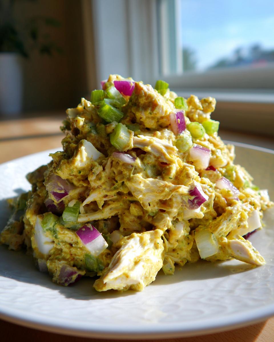 A mound of creamy, yellow-tinted honey mustard chicken salad topped with diced red onion and celery on a white plate.