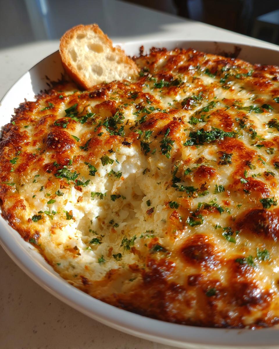 Close-up of a bubbling, cheesy bread dip topped with parsley, with a piece of toasted bread ready for dipping.