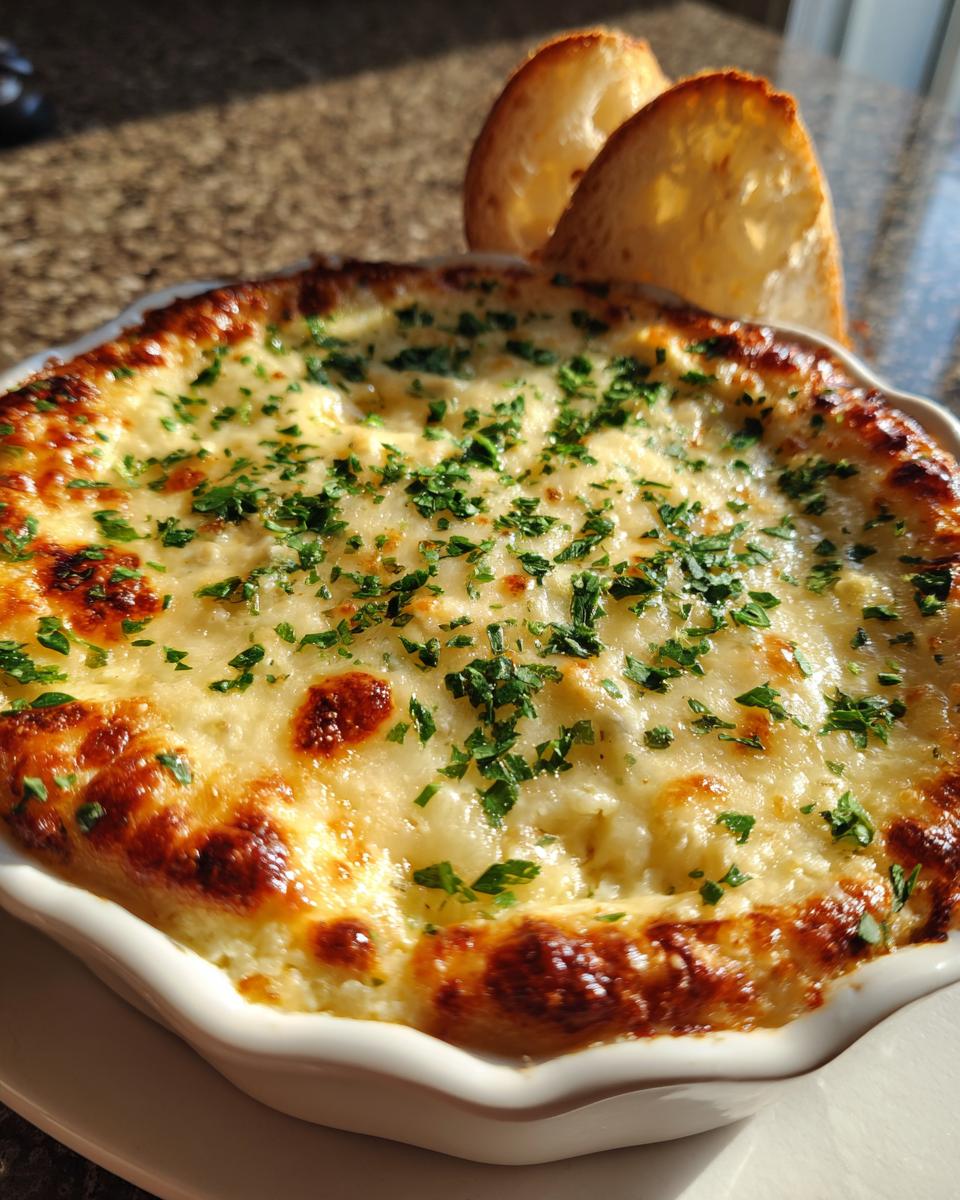 Close-up of a bubbling, cheesy bread dip topped with parsley, served with toasted baguette slices.