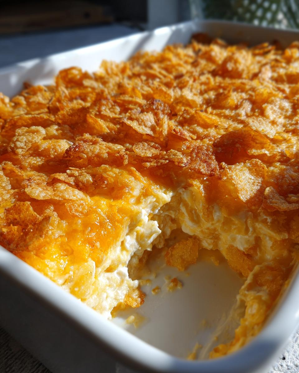 A scoop removed from a baked hot chicken salad casserole showing creamy interior and golden, crunchy cornflake topping.