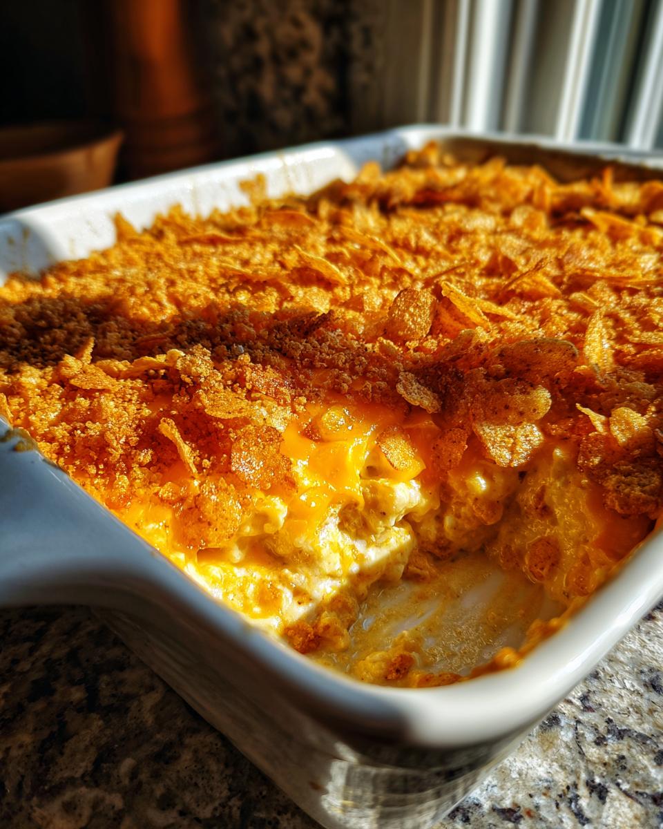 Close-up of a creamy hot chicken salad casserole in a white dish, featuring a golden, crunchy cornflake topping.
