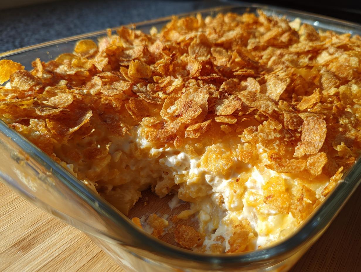 A close-up of a baked hot chicken salad casserole in a glass dish, featuring a creamy interior and a thick, golden cornflake topping.