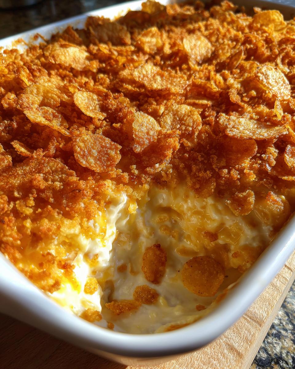 Close-up of a creamy hot chicken salad casserole with a golden, crunchy cornflake topping.