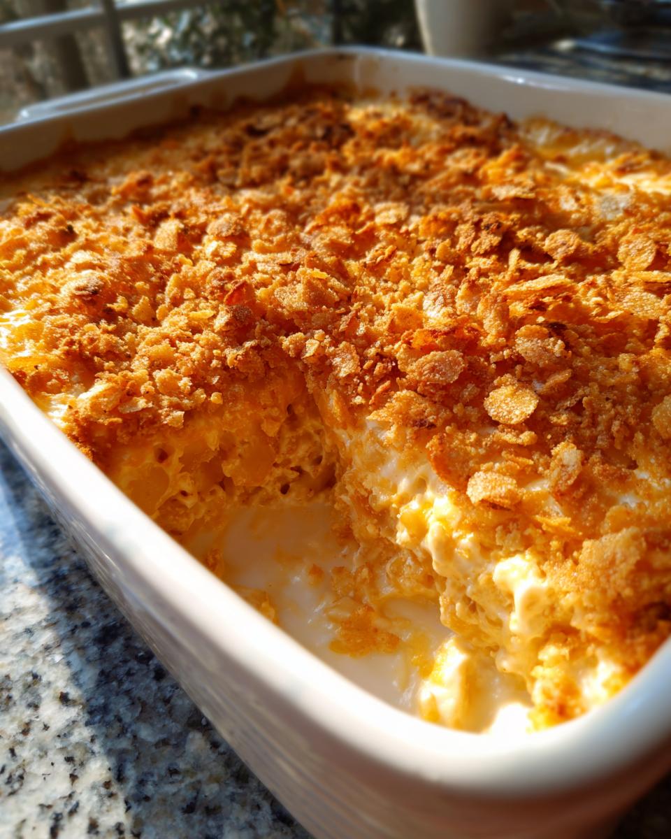 A creamy, baked hot chicken salad casserole with a golden brown, crunchy cornflake topping, showing a serving removed.