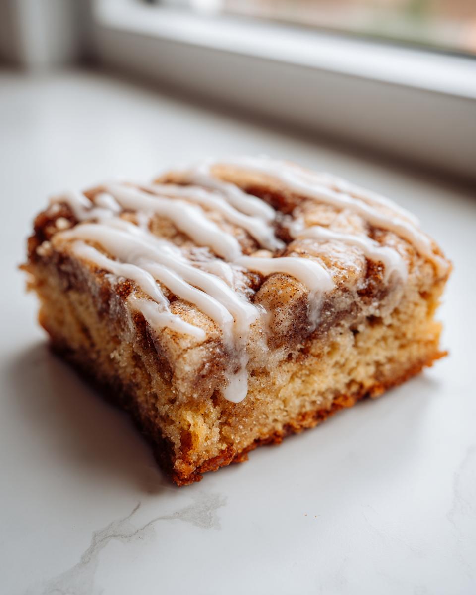 A close-up, slightly angled shot of a single square of snickerdoodle blondies topped with cinnamon swirl and white icing drizzle.