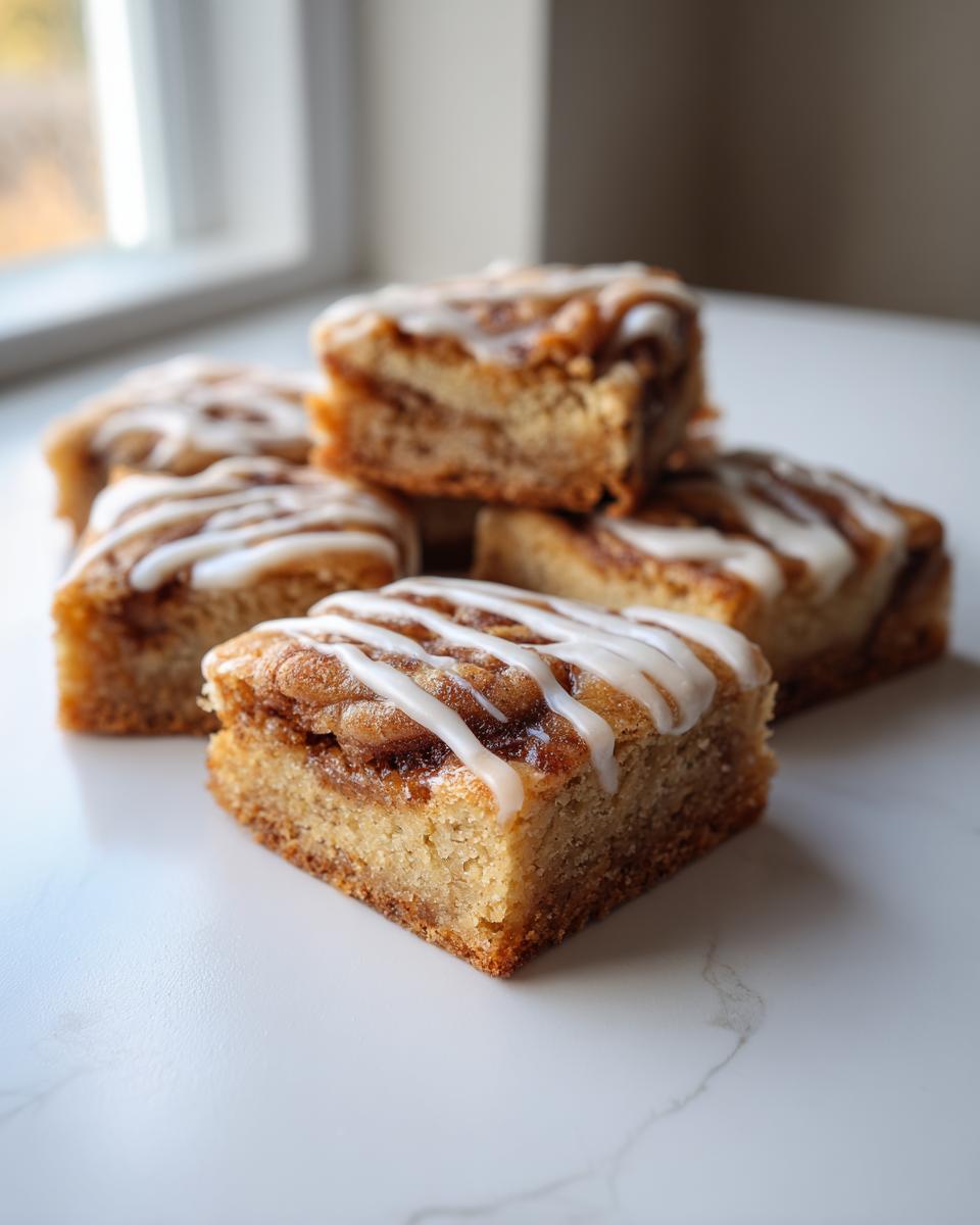 A stack of freshly baked snickerdoodle blondies squares drizzled with white icing, sitting on a white marble surface.