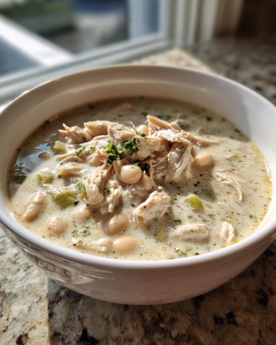 Close-up of a bowl of creamy instant pot white chicken chili topped with shredded chicken and chives.