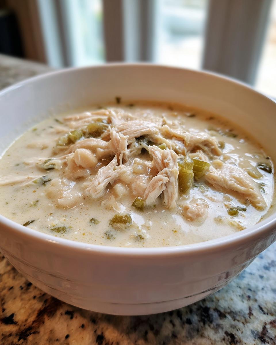 Close-up of a creamy bowl of instant pot white chicken chili topped with shredded chicken and green chilies.
