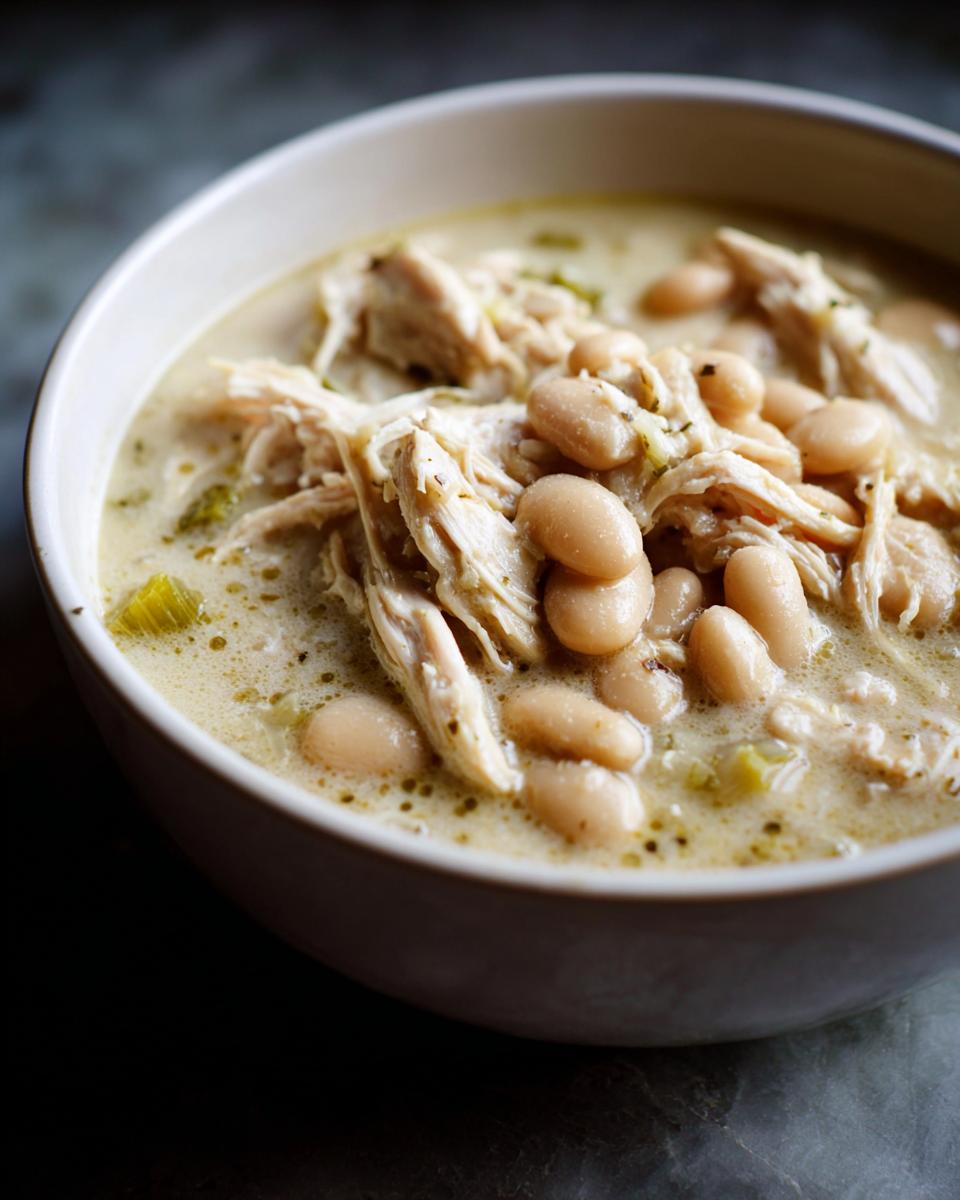 A close-up shot of a creamy bowl of instant pot white chicken chili featuring shredded chicken and white beans.