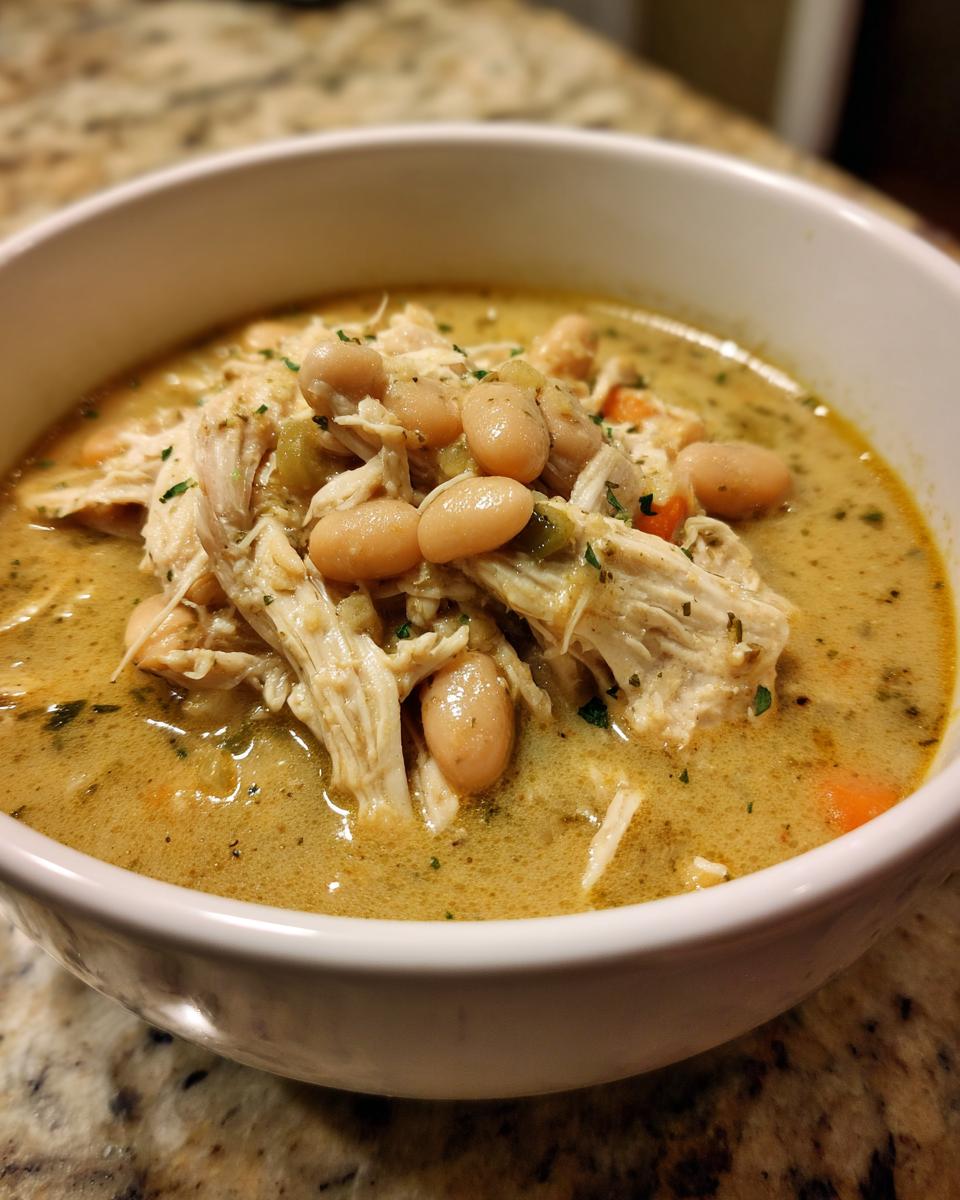 Close-up of a white bowl filled with creamy Instant Pot White Chicken Chili, topped with shredded chicken and white beans.