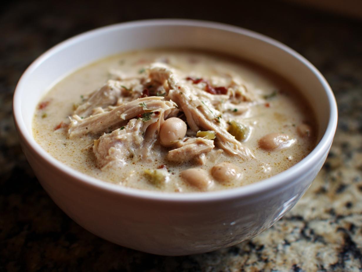 A close-up of a white bowl filled with creamy instant pot white chicken chili, featuring shredded chicken and white beans.