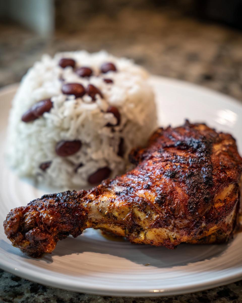 A close-up of a perfectly grilled jamaican jerk chicken leg quarter served next to a mound of rice and peas.
