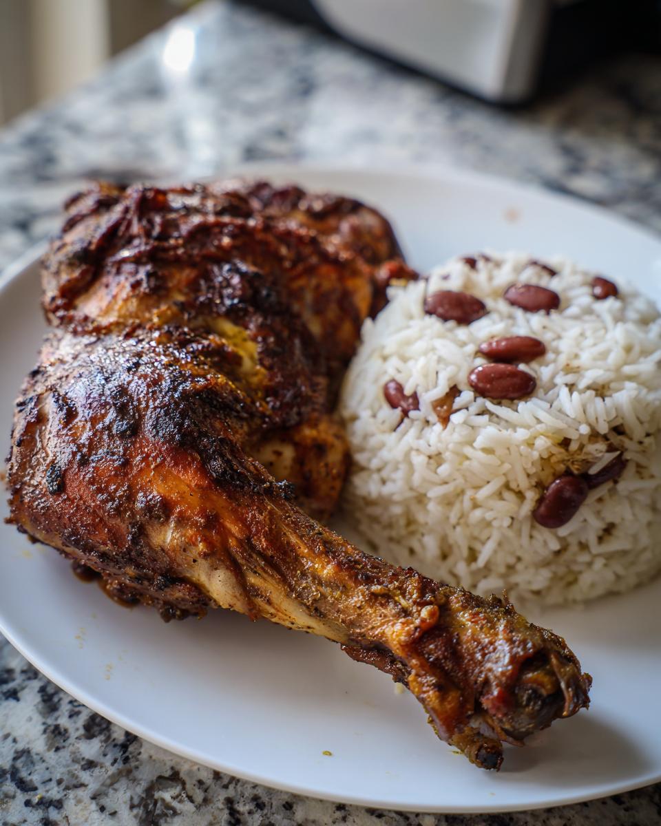 Close-up of perfectly cooked jamaican jerk chicken leg quarter served with a mound of rice and peas on a white plate.