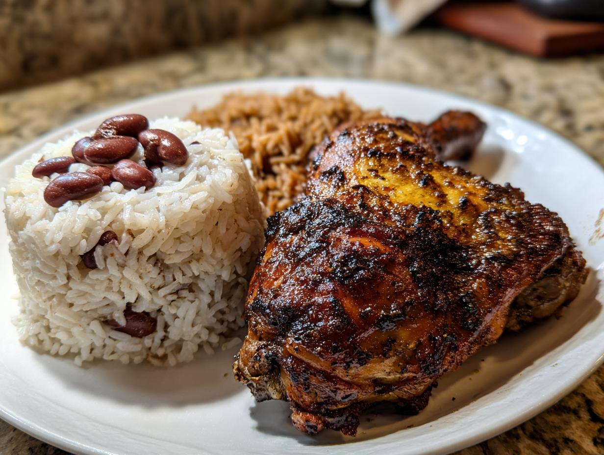 A plate featuring perfectly grilled Jamaican jerk chicken next to coconut rice and peas and brown rice.
