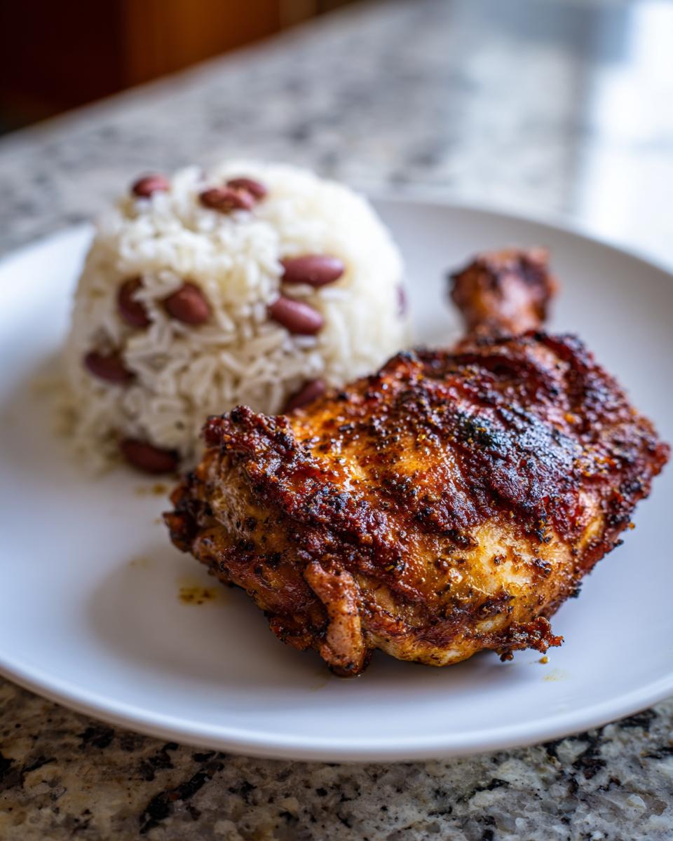 A close-up of a piece of richly seasoned Jamaican jerk chicken served with rice and peas on a white plate.