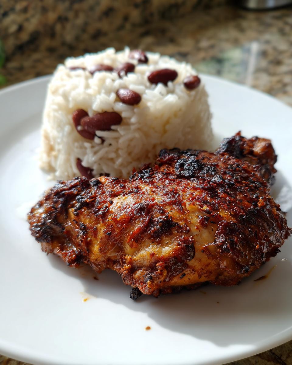 A piece of charred, spiced jamaican jerk chicken served next to a mound of rice and kidney beans.