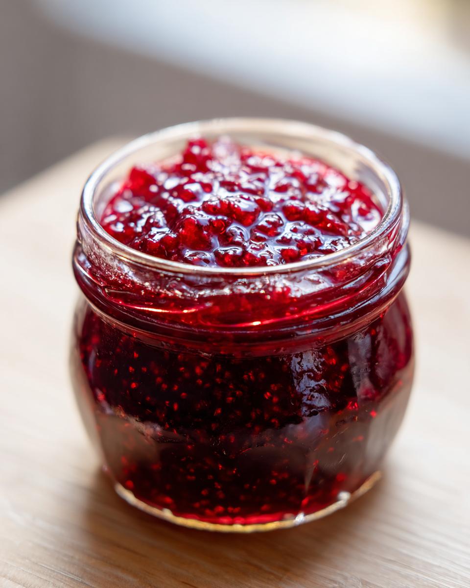 Close-up of a small glass jar filled with vibrant, deep red homemade raspberry jam, showing many seeds.