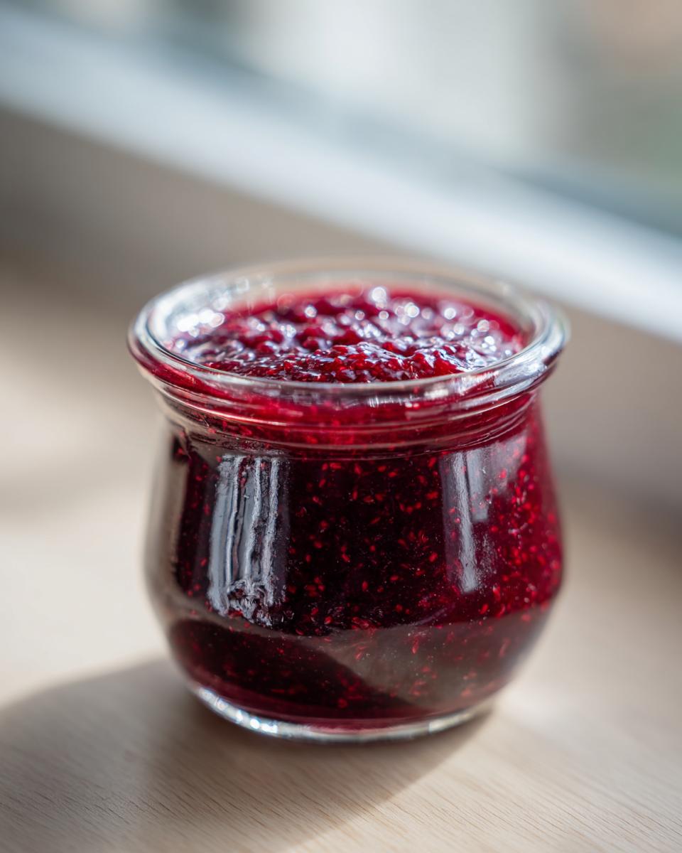 A small glass jar filled with rich, dark red homemade raspberry jam sitting on a light wooden surface.