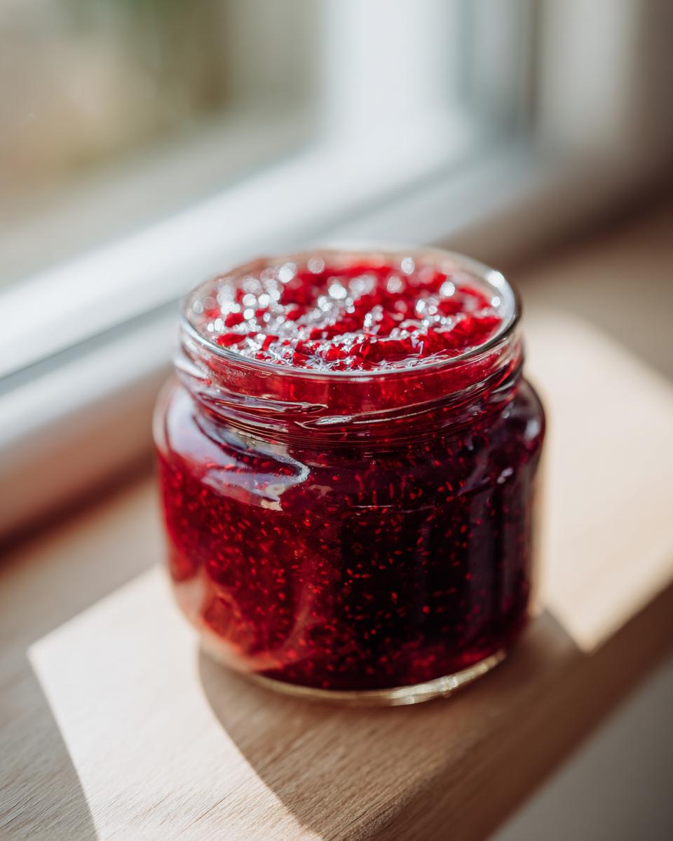 A close-up of a glass jar filled with vibrant, seed-filled raspberry jam sitting on a wooden surface near a window.