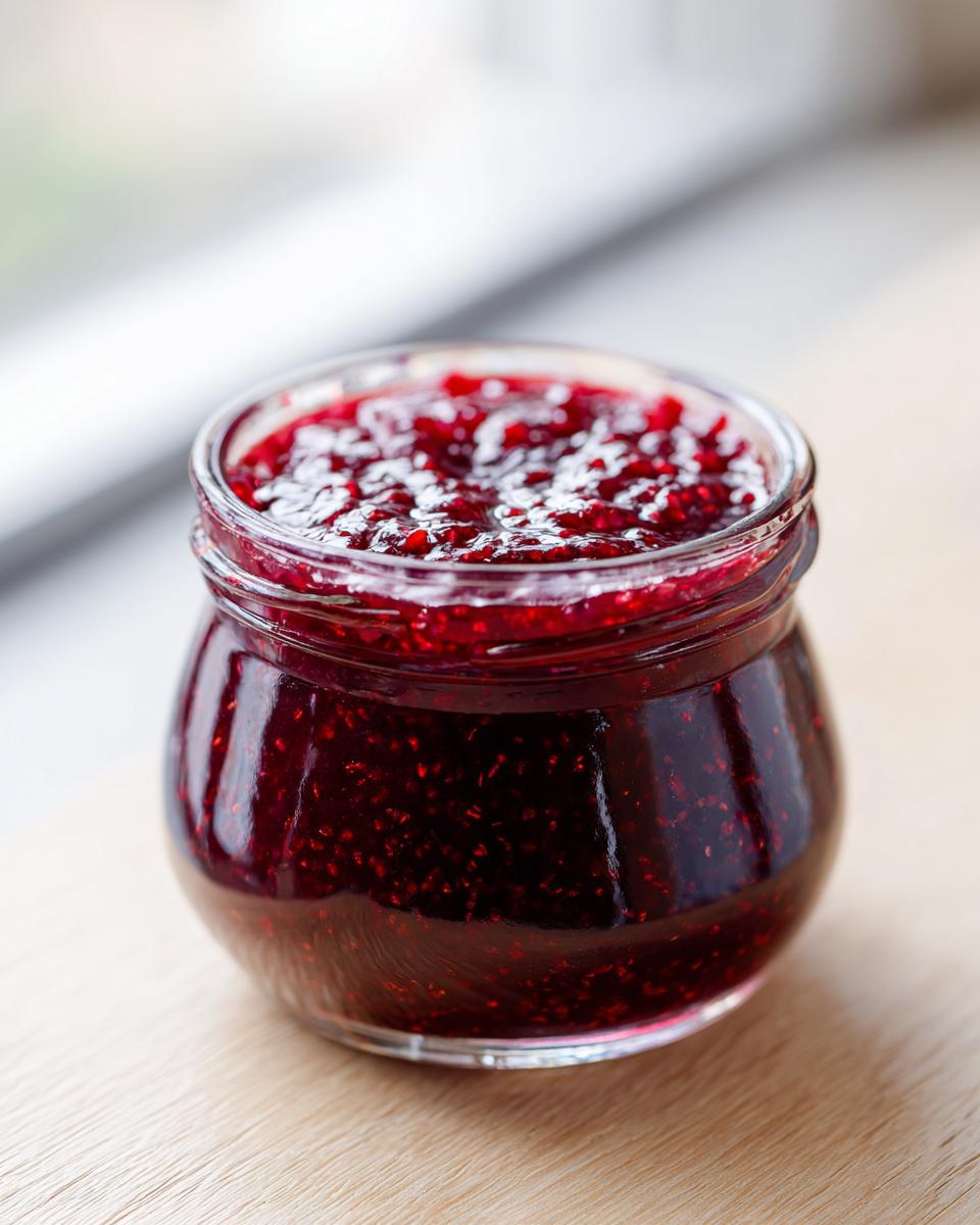 Close-up of a small glass jar filled with rich, dark red homemade raspberry jam.