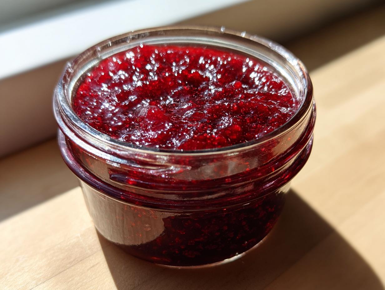 Close-up of a small glass jar filled with glistening, deep red homemade raspberry jam.