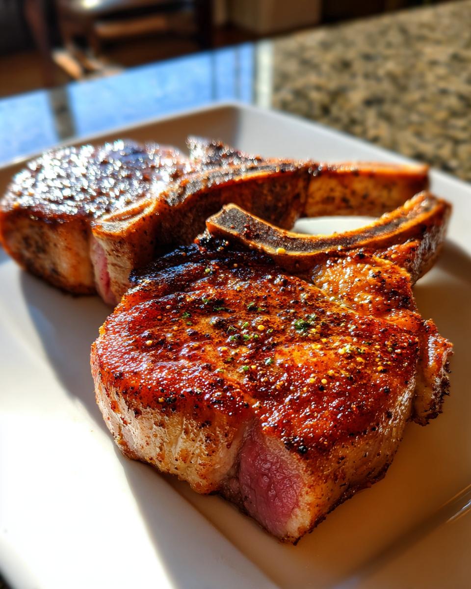 Close-up of perfectly seared, juicy baked pork chops with a rich, seasoned crust on a white plate.