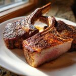Close-up of thick, juicy baked pork chops showing a pink center and dark seasoned crust.