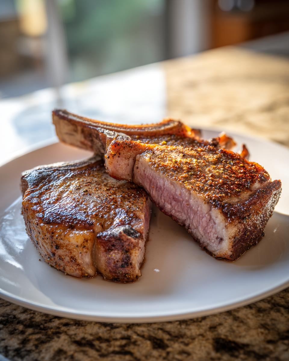 Two thick, seasoned baked pork chops resting on a white plate, one sliced to show the perfectly cooked, juicy pink interior.