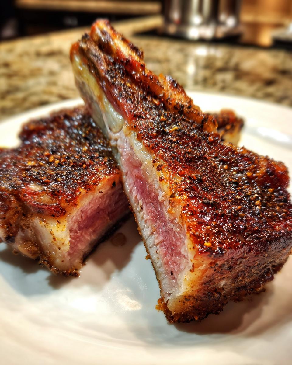 Close-up of juicy baked pork chops cut in half, showing a perfectly pink interior and dark spice rub crust.