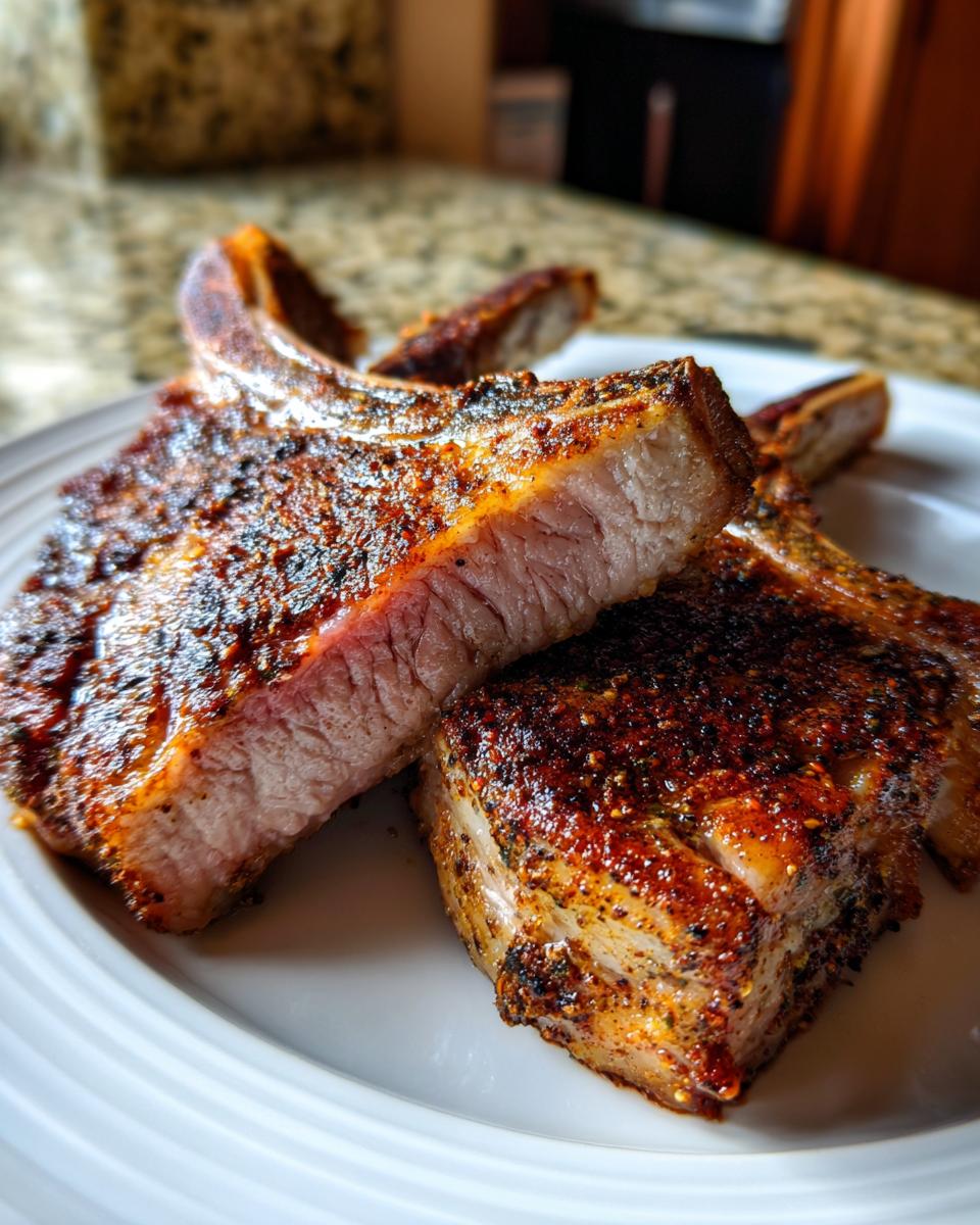 Close-up of thick, seasoned baked pork chops on a white plate, showing a perfectly juicy, slightly pink interior.