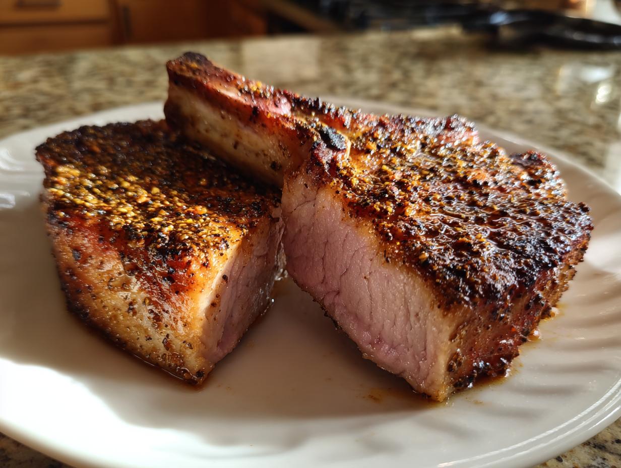Two thick slices of perfectly cooked baked pork chops showing a juicy pink interior and a heavily seasoned, browned crust.