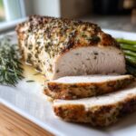 Close-up of a sliced, herb-crusted slow cooker turkey breast resting on a white platter with juices.