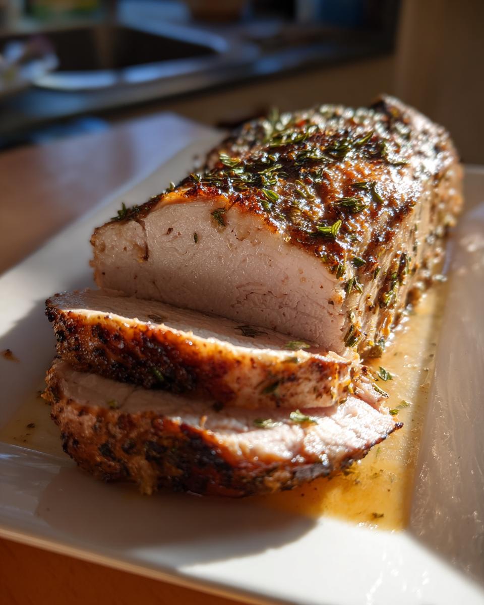 Close-up of a sliced slow cooker turkey breast roast, showing moist white meat and a browned, herb-crusted exterior.