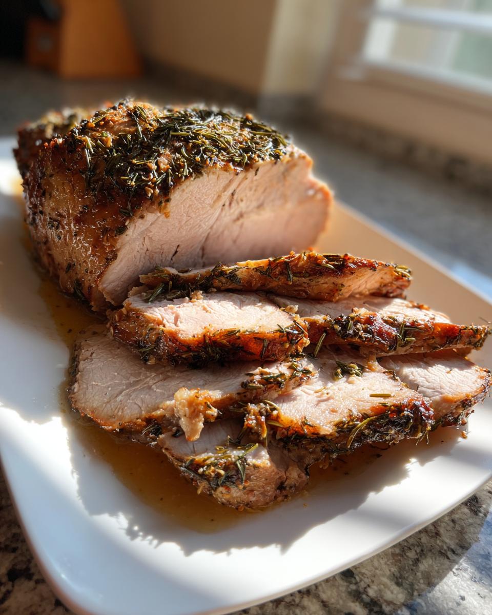 A close-up of sliced, juicy slow cooker turkey breast coated in herbs and resting in its own juices on a white platter.