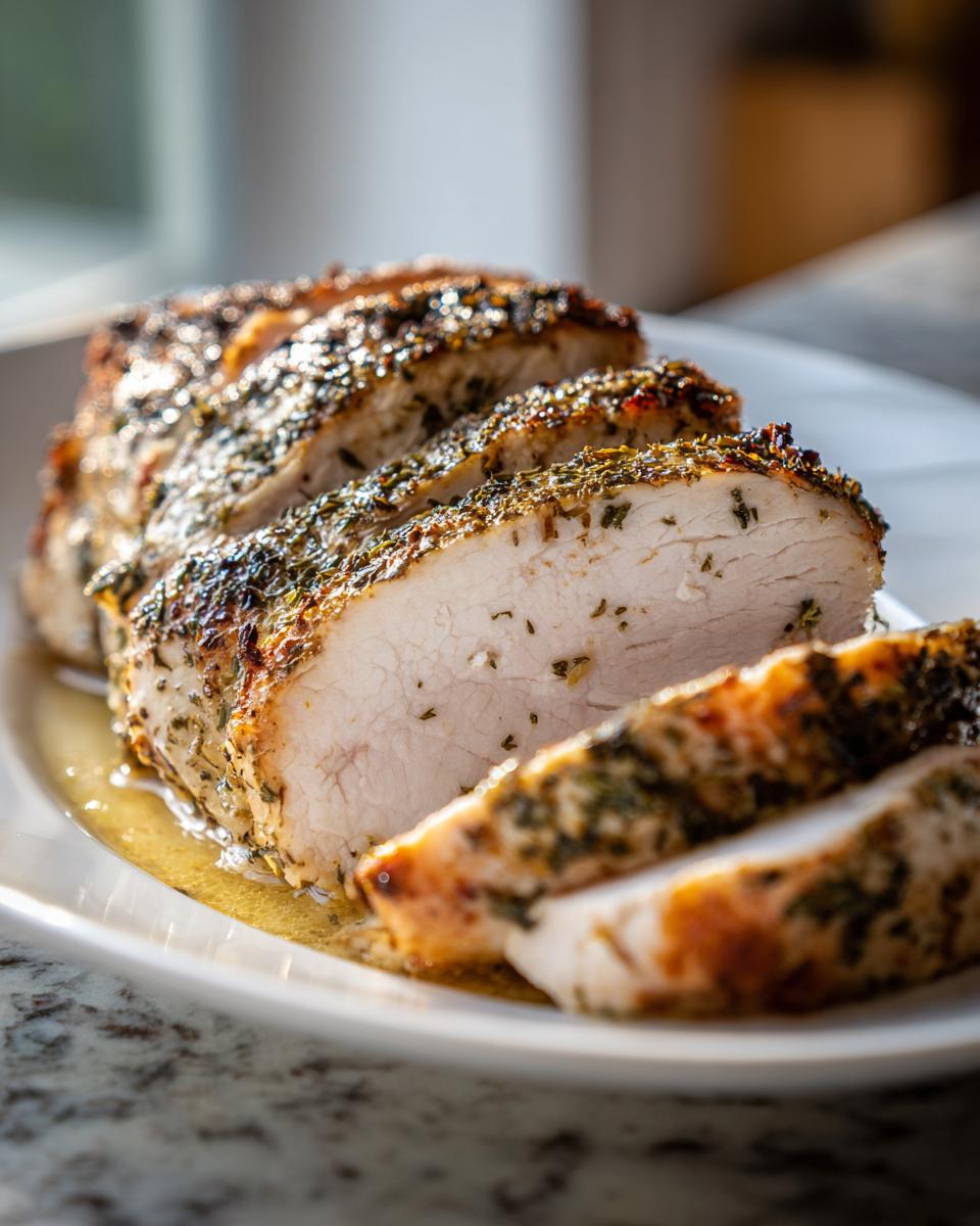 Close-up of sliced slow cooker turkey breast, showing juicy white meat and a flavorful herb crust resting in pan juices.