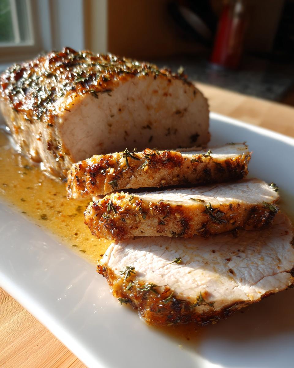 Slices of juicy slow cooker turkey breast, seasoned with herbs, resting in pan juices on a white platter.