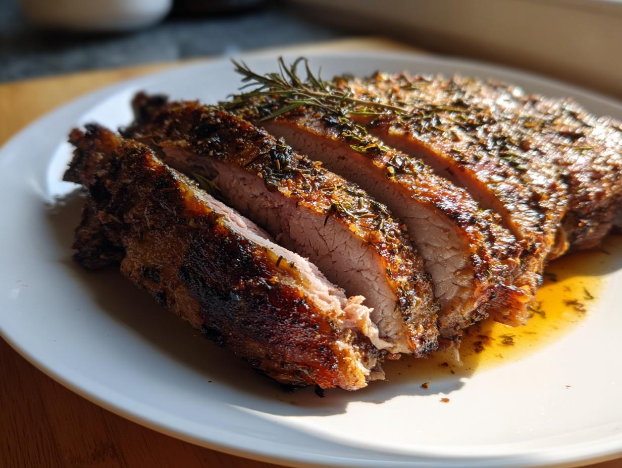 Slices of juicy slow cooker turkey breast, seasoned with herbs and resting in its own juices on a white plate.