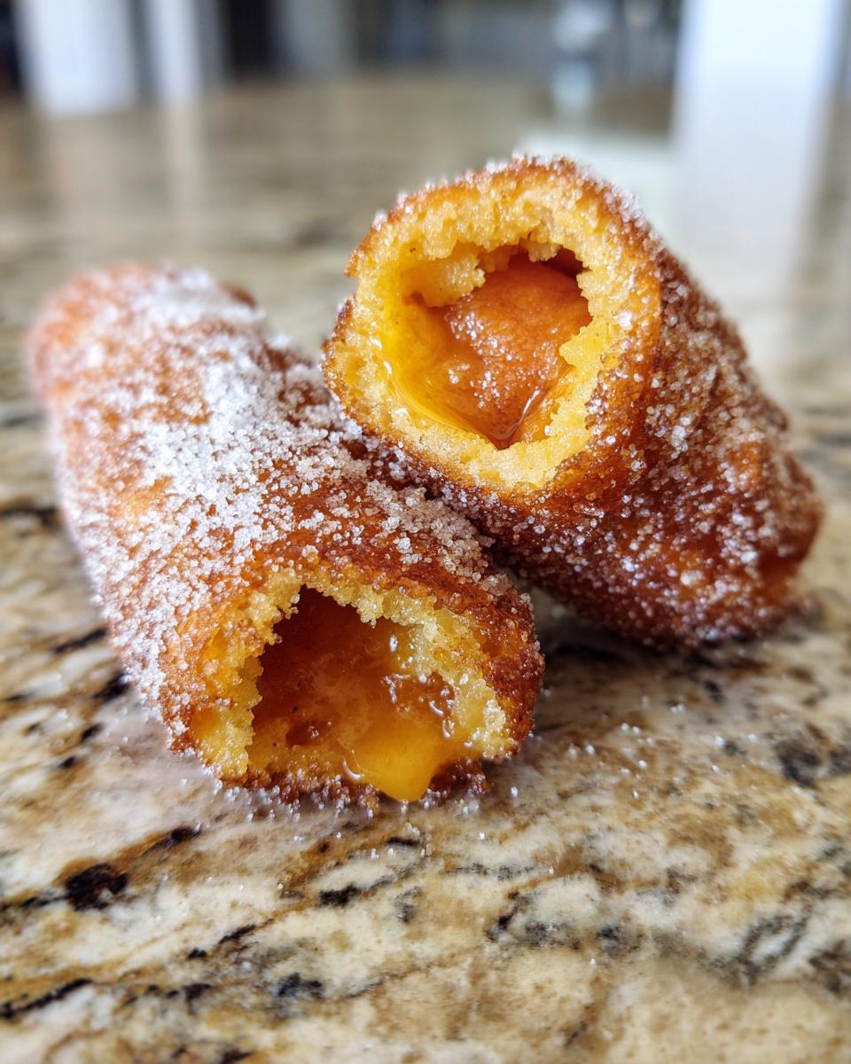Close-up of a korean corn dog cut in half, showing the gooey cheese filling and cinnamon sugar coating.
