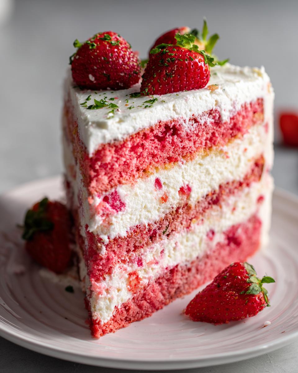 A tall slice of layered strawberry cake with pink sponge, white cream filling, and topped with fresh strawberries.