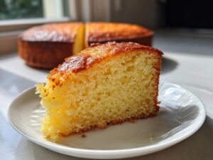 A close-up slice of moist, golden lemon olive oil cake resting on a white plate with the rest of the cake blurred in the background.