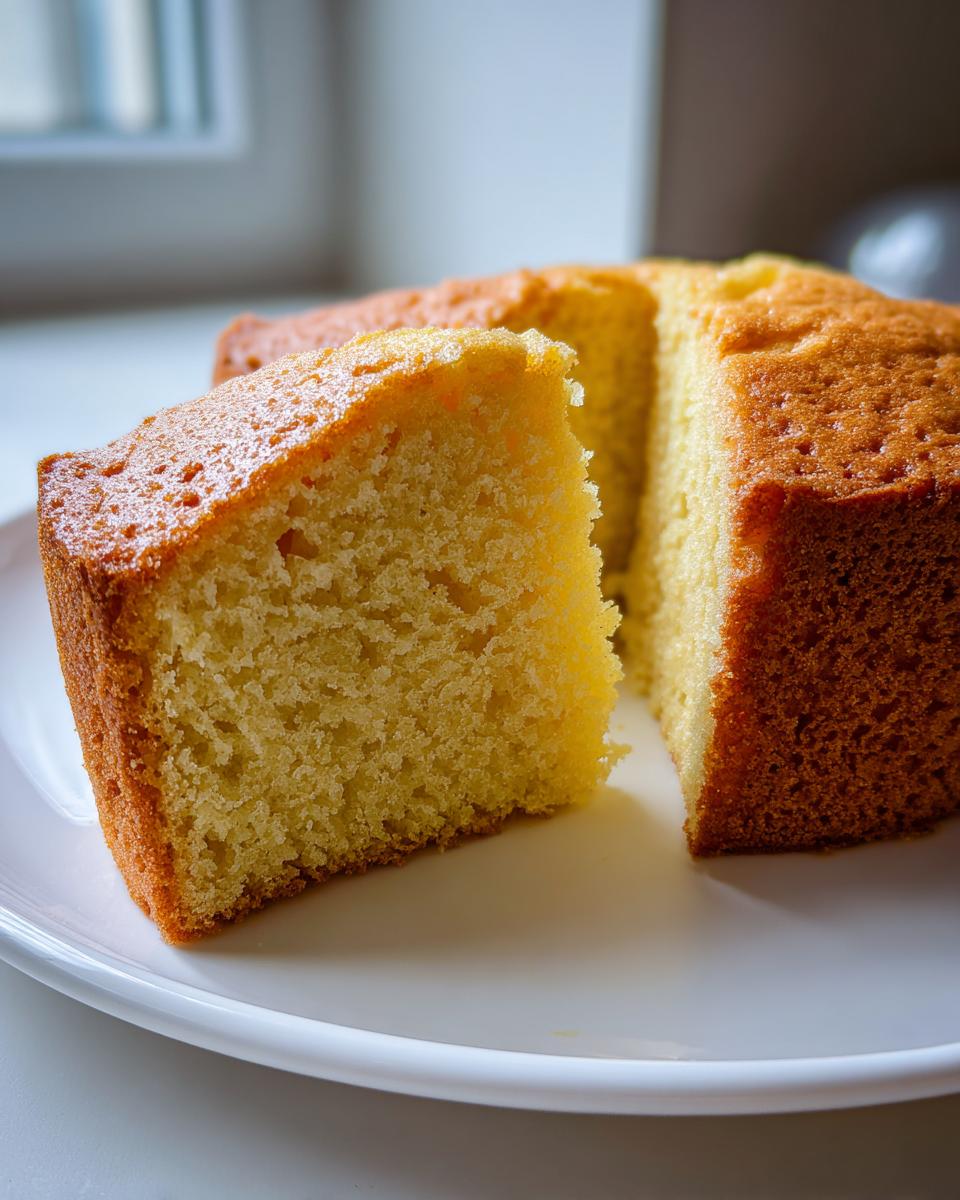 A close-up of a moist, golden slice cut from a lemon olive oil cake, showing its fine crumb texture.