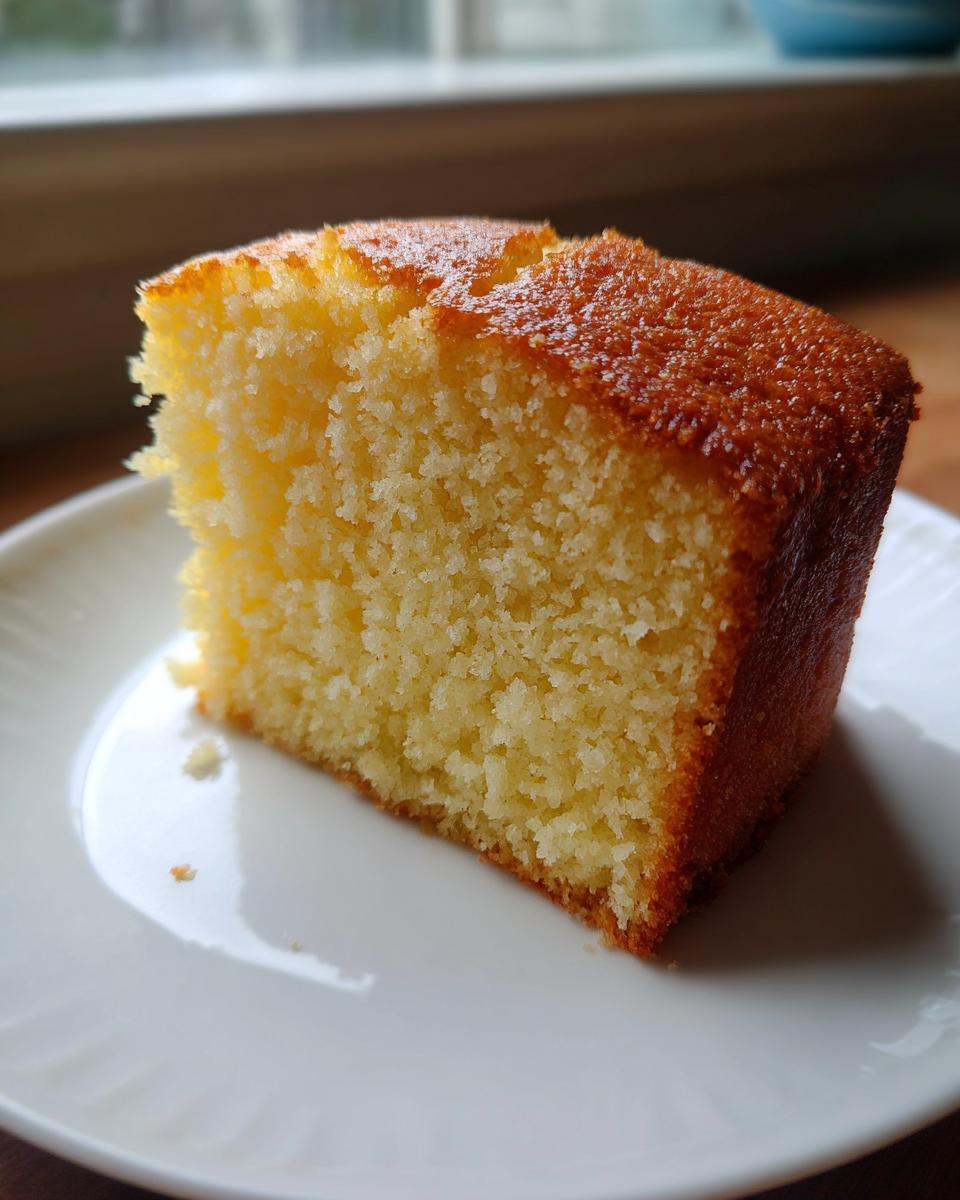 Close-up of a moist, yellow slice of lemon olive oil cake on a white plate, showing a fine crumb.