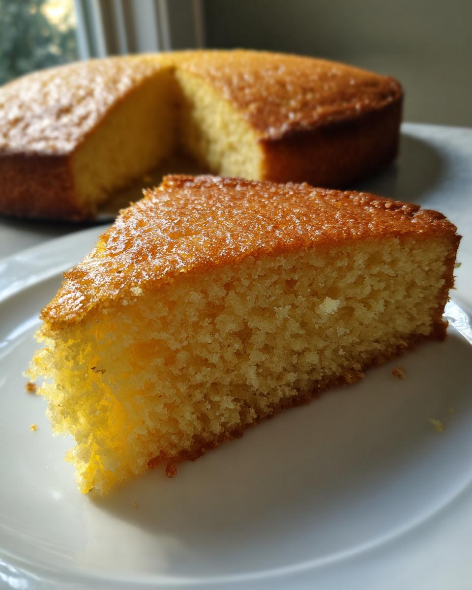 A close-up of a moist slice of lemon olive oil cake with a golden, slightly glistening top, served on a white plate.