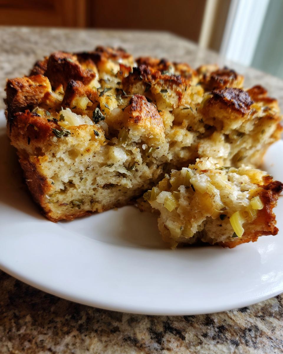 A close-up of a square portion of baked stuffing on a white plate, showing a crispy top and soft interior with celery pieces.