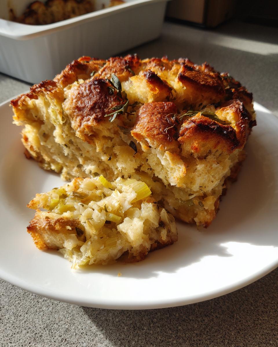 A golden-brown slice of baked stuffing with visible celery pieces served on a white plate.